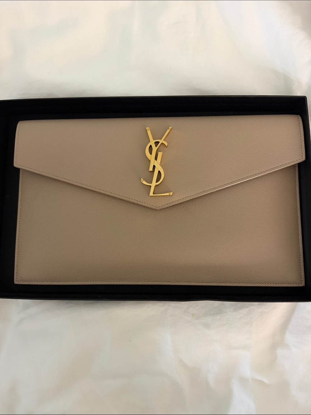 Saint Laurent taupe envelope clutch with gold YSL hardware
